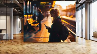 Young woman standing on the platform of a train station consulting the mobile phone Wall mural