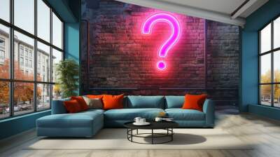 A dark brick wall with neon question marks symbolizes an evening of games and reflection Wall mural