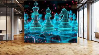 A digital chessboard with holographic pieces symbolizing AI in business strategy. Wall mural