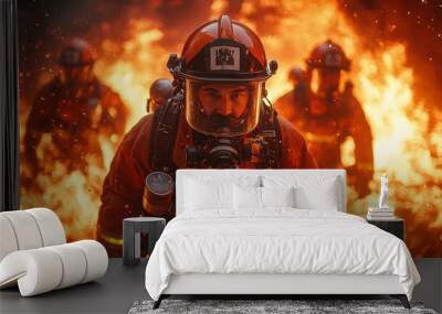 A firefighter fighting a natural disaster. The concept of fighting a forest fire Wall mural