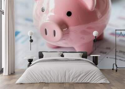 A pink piggy bank on the background of financial charts and a calculator symbolizes financial management Wall mural