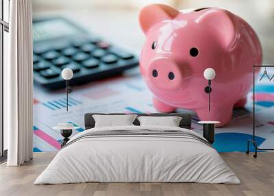 A pink piggy bank on the background of financial charts and a calculator symbolizes financial management Wall mural