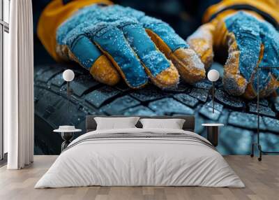 A professional mechanic in gloves changes a tire on the background of an automobile workshop Wall mural