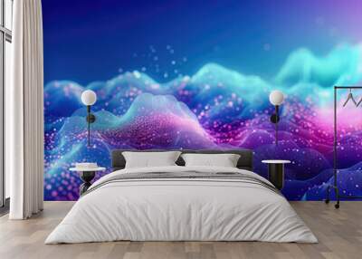 Abstract shiny wave background in purple, pink and blue lights. Digital luxury sparkling wave particles, background streams, digital data flow movement. Technological background. Generative AI Wall mural