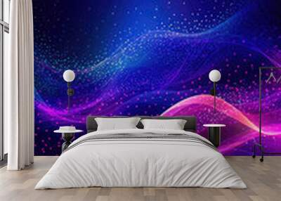 Abstract shiny wave background in purple, pink and blue lights. Digital luxury sparkling wave particles, background streams, digital data flow movement. Technological background. Generative AI Wall mural