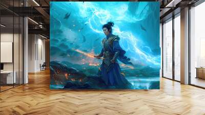 Chinese hero on the battlefield with a sword, amazing epic Chinese ancient theme, fantasy and water ink style, anime illustration. Generative AI Wall mural