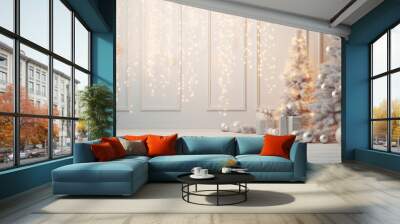 Christmas Holiday Background, Christmas table background with decorated Christmas tree and garlands. Beautiful Empty Christmas room. Generative AI Wall mural