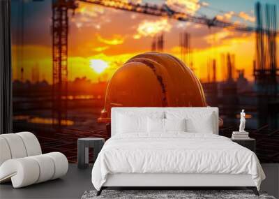 Close-up of a construction helmet on the background of a construction site and sunset. Wall mural