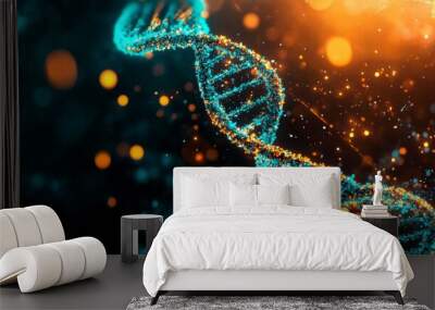 Double helix DNA with turquoise-orange glowing particles on dark background, abstract futuristic composition. Wall mural