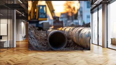 Excavator laying water pipes. Focus on one pipe in a trench, with dirt around it. Wall mural