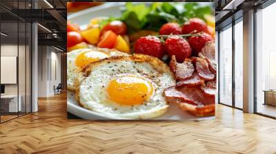 Fried eggs with vegetables on a plate. A bright healthy breakfast Wall mural