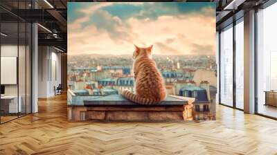 Red striped cat sits on the roof of a house in Paris and looks at the moon, a beautiful view from the roofs of buildings. Generative AI Wall mural