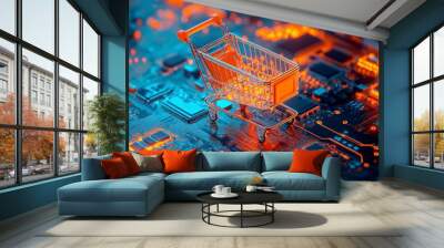 The shopping cart is located on an electronic circuit board. The concept of online shopping Wall mural