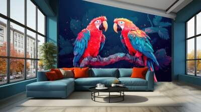 Two red macaws parrots, in love with each other, settled on a lush tree branch. Generative AI Wall mural