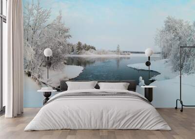 Unfrozen lake in the winter forests of Karelia Wall mural