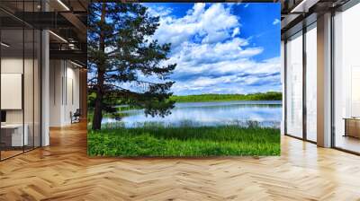 Calm lake reflects autumn trees in a serene landscape near a bridge on a clear day Wall mural