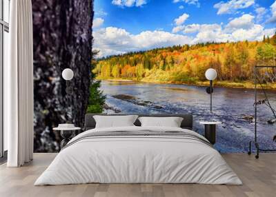 Colorful autumn foliage along a tranquil river scene under a bright blue sky in a forested landscape Wall mural