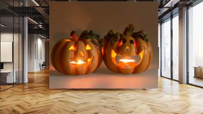 Two Halloween pumpkins head jack lantern with burning candles Wall mural