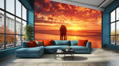 A couple hugging while watching the sunset on the beach generative ai Wall mural