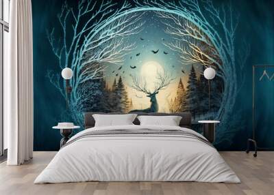 Winter Soltice Greeting Card with a giant buck in the foreground surrounded by a wreath made of branches and the moon and a pine forest in the background generative ai Wall mural