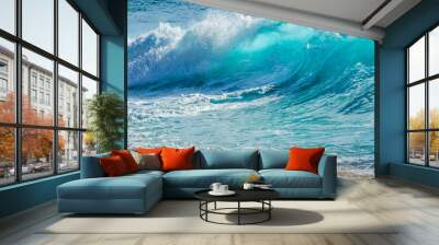 Turquoise colored breaking wave seascape on the beach Wall mural