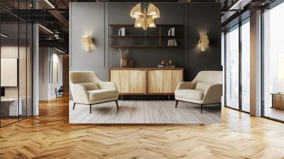 Interior with wooden cabinet and two armchairs 3d rendering Wall mural