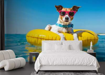 Jack Russel dog on an air mattress floating in the ocean, wearing sunglasses generative ai Wall mural