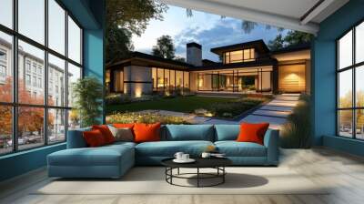 Modern home with geometric design, landscaped yard, and outdoor lighting generative ai Wall mural