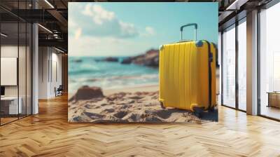 Modern yellow suitcase in the sand, in front of a beach generative ai Wall mural