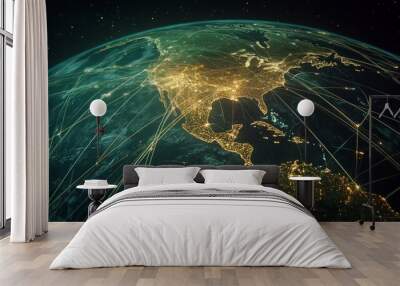 Nighttime planet Earth with global connection paths, highlighting international trade and communications systems generative ai Wall mural