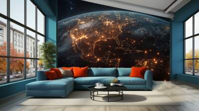 Nighttime planet Earth with global connection paths, highlighting international trade and communications systems generative ai Wall mural