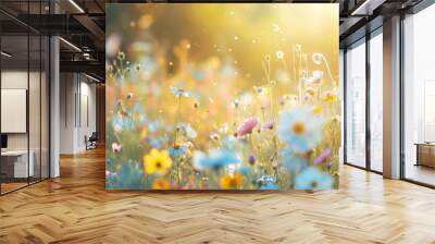 Sunlit field of wildflowers generative ai Wall mural