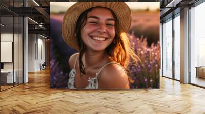 Woman with a warm smile surrounded by lavender fields, countryside background generative ai Wall mural