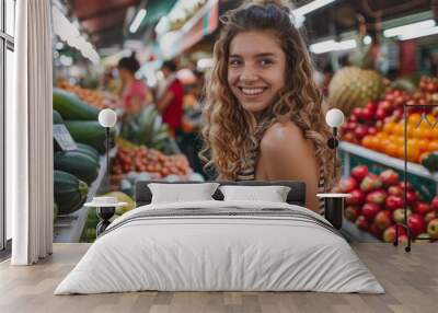 young woman shopping at a fruit and vegetable market generative ai Wall mural