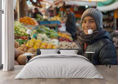 young woman shopping at a fruit and vegetable market generative ai Wall mural