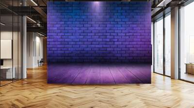 dark blue and purple empty brick wall texture pattern with bright spotlights neon tubes and laser beams empty scene background products display and presentation Wall mural