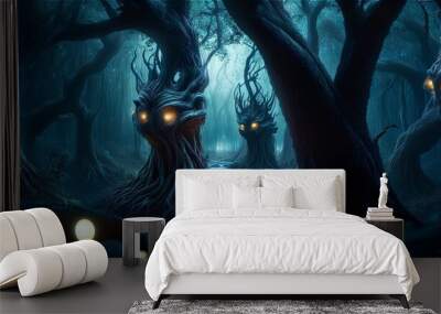 dark fairy tale forest with twisted trees and glowing eyes eerie creatures lurking in the shadows mysterious and detailed Wall mural