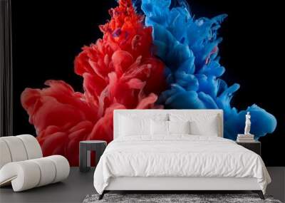 slow motion ink paints evolve into a captivating red blue abstraction underwater on black Wall mural