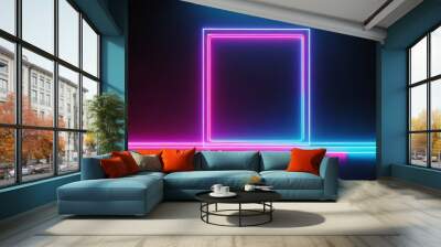 square rectangle picture frame with two tone neon color motion graphic on black background blue and pink light moveing for overlay element 3d illustration rendering empty copy space middle Wall mural