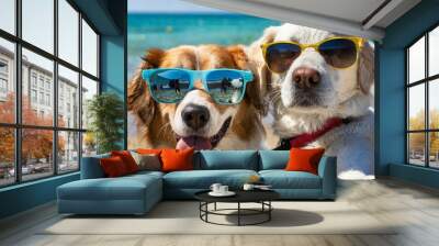 two dogs are taking selfies on a beach earing sunglasses sunny day with blue water Wall mural