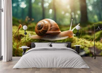 walking snail in the forest on moss  Wall mural