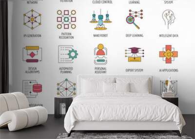 Neural network icons set, cartoon style Wall mural