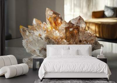 An exotic crystal ore, with intricate patterns and vivid colors, displayed as a centerpiece on a sleek, glass-topped table Wall mural