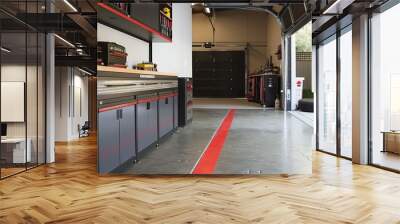 Clean and tidy garage space featuring high-end tool cabinets, a striking red stripe down the center of the floor, and a large, white garage door in the background, slightly ajar Wall mural