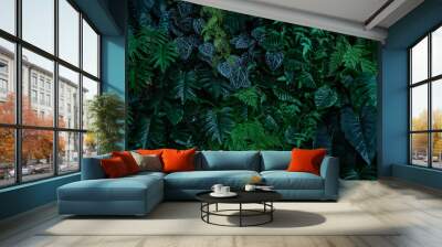 Full frame of nature green background, tropical leaf banner or floral jungle pattern concept.	 Wall mural