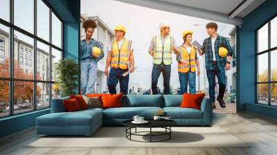 Team of Construction workers engineers and builders professionals talking and walking together in working site, Banner cover design. Wall mural