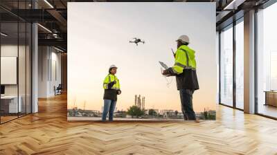 Team of Engineer Specialists Pilot Drone on Construction Site. Architectural Engineer and Safety Engineering Inspector Fly Drone at industrial plant. Wall mural