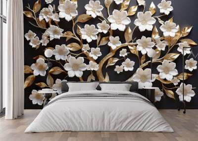 3d wallpaper floral tree background with white flower leaves and golden stem. interior wall home decor Wall mural