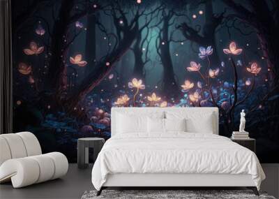 Fairy forest at night, fantasy glowing flowers and lights. Generated AI. Wall mural