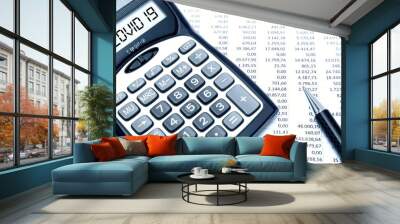 Covid 19 digital text on calculator screen, with budget sheet background Wall mural